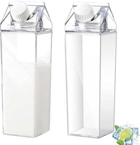 2 stycken vattenflaskor för mjölkkartong, 500 ml transparent mjölkkartong, juicebehållarflaska, återanvändbar, transparent mjölklåda, vattenflaska, för picknick, camping, mjölk, apelsinjuice