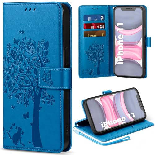 EASDNB Handyhülle für iPhone 11 Hülle Lederhülle Flip Wallet Case | 3 Kartenfächer, Magnet, Ständer, Premium Leder Prägung, Magnetic Closure, RFID Blockierung Klapphülle, 6.1, Blau
