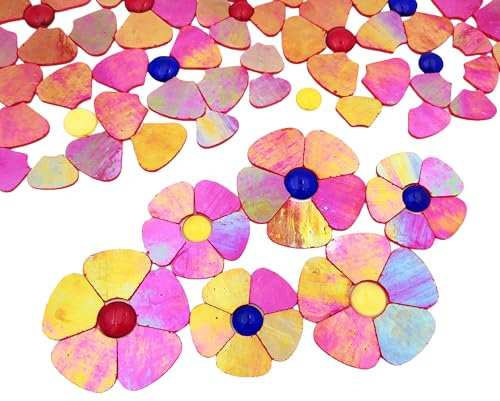 Glasblumen-Mosaikfliesen, 2 Größen, Blütenblatt, Buntglas-Mosaikstücke für DIY-Blumenhandwerk, Heimdekoration, Innen- und Außendekoration, mit Aufbewahrungsbox (schillerndes Rot)