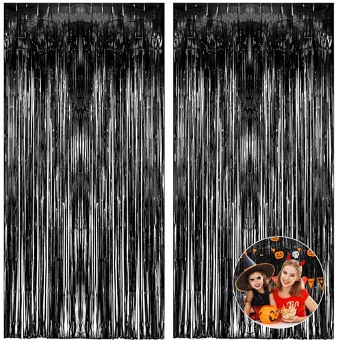 PacuM 2 Pezzi 200 x 100 CM Halloween Tende Metalliche per Feste Tenda | Metallo con Adesivo Tende Halloween Nero Può Essere Tagliata Tenda Decorazione Feste per Pareti Finestre Tavoli Archi