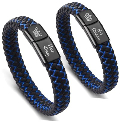 2 Pack-Her King His Queen Couple Bracelets Vintage 12mm 2 Tone Black Blue Braided Leather & Black Stainless Steel ID Friendship Cuff Bracelets