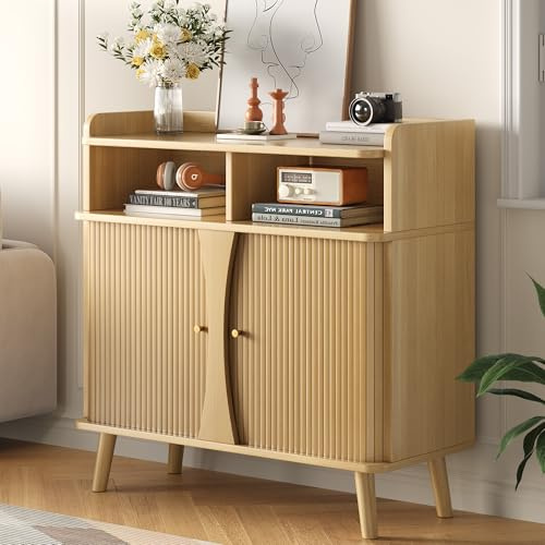 Decofy 39 Buffet Sideboard Cabinet, Mid Century Modern Console Cabinet with Roller Shutter Sliding Doors & Adjustable Shelves for Kitchen Cabinets, Living Room, Entryway, Coffee Bar Cabinet (Oak)