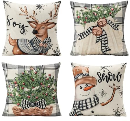 HOSHEN HOME Kissenbezug Weihnachten 45x45cm, 4er Set Weihnachtskissen Leinen, Schneemann Rentier Weihnachtskissenbezug Zierkissenbezug für Sofa Couch Bett Christmas Deko Wohnzimmer Winterdeko Innen