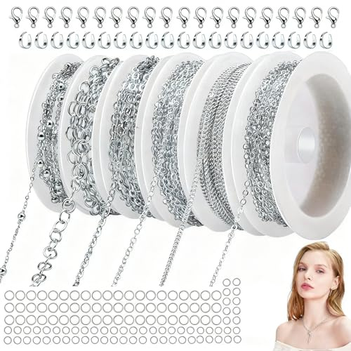 HaploS 14m 6 Rollen Schmuckherstellung Ketten, DIY Gliederkette Silber | Schmuckkette mit Karabinerverschlüssen und Biegeringen, DIY Chain Ketten zum Basteln Gliederkette zur Herstellung
