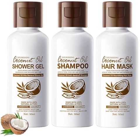 Coconut Oil Travel Size Hair & Bath Care Set - Mini Shampoo, Conditioner & Shower Gel, Leak-Proof Toiletries, Moisturizing Nourishing for Women & Men