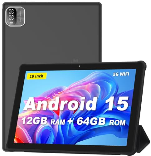 VASOUN 10 Inch Tablet with Case,Tablets Android 15,12GB+64GB+1TB Expand | 5G WIFI,6000mAh Battery,1280 * 800 IPS,Dual Speaker,Dual Cameras,Type C(Black)