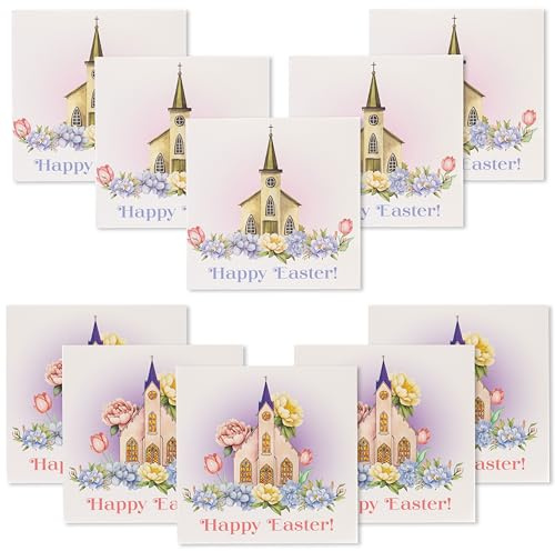 Paquete de 10 tarjetas de felicitación de Pascua con sobres, cuadradas de 14 x 14 cm, interior en blanco, temas religiosos y alegres diseñados en el Reino Unido (iglesia)