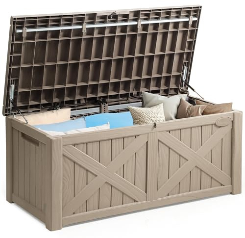 YITAHOME Große Aufbewahrungsbank 450 Liter mit X-Front, Wetterfeste Outdoor-Sitzbank, Resin Gartenbox für Terrassenkissen, Poolzubehör, Gartengeräte - Abschließbar, Hellbraun