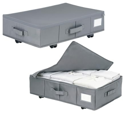 2 Stück Unterbettkommode mit Rollen 360°Drehung, Unterbett Aufbewahrungsbox mit Transparentem Deckel, Schnelle Montage Bettkasten Aufbewahrung mit 3 Griffe für Bettdecken Kleidung, Schuhe (A)