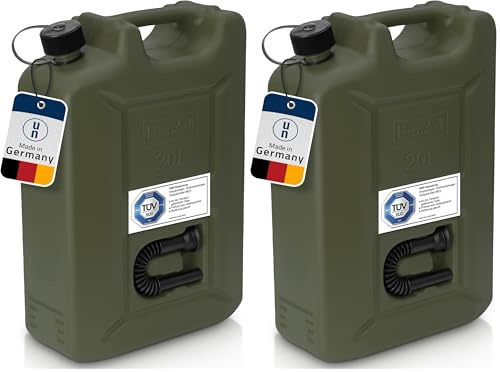 hünersdorff 802010 Bidon de carburant professionnel de 20 L pour essence, diesel et autres produits dangereux, approbation ONU, fabriqué en Allemagne, production certifiée TÜV, olive (Lot de 2)
