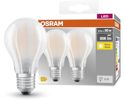 Osram LED Base Classic A Lampe, Sockel: E27, Warm White, 2700 K, 7 W, Ersatz für 60-W-Glühbirne, matt
