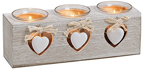 G.Wurm Windlight Tripple Tealight Holder with heart decor, material wood, glass (W/H/D) 24 x 8 x 7 cm