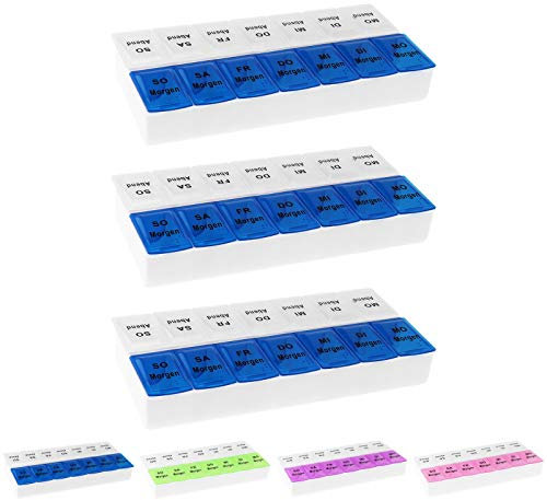 3x WELLGRO® Tablettenbox für 7 Tage - je 2 Fächer pro Tag, 18,5 x 9,5 x 3,5 cm (LxBxH) - Farbe wählbar, Farbe:Blau