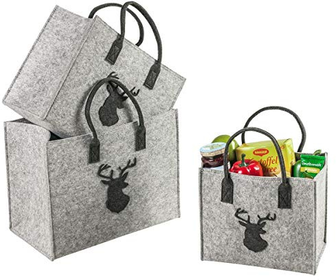 LA FIORE 24 Hochw. Filztasche Einkaufstasche Shopper Handtasche Festival Hirsch 3-er Set