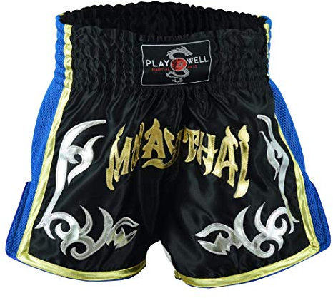 Muay Thai Wettbewerb Tribal Fight Netz Shorts Schwarz Blau Neu - Schwarz, S
