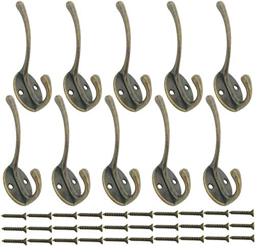 Beilala 10 Pack Double Coat Hooks for Wall Door with Screws Antique Robe Hook for Hanging Clothes, Hat, Scarf, Bag, Towel, Key, Cup, Cap (Bronze)