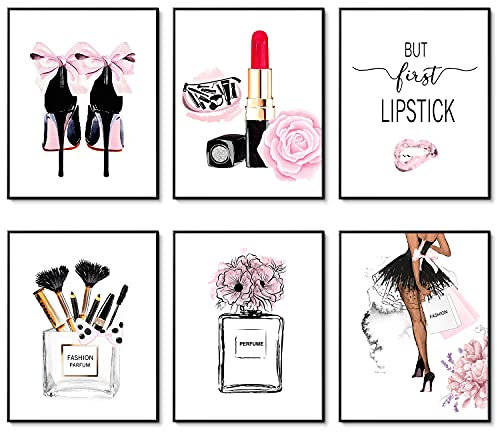 HoozGee Fashion Wall Art Prints Set of 6 Pink Room Decor Pictures Wall Decor Canvas Art Posters Perfume Lipstick Makeup Wall Decor Artwork Girls Room Pictures for Bedroom (8x10 UNFRAMED)