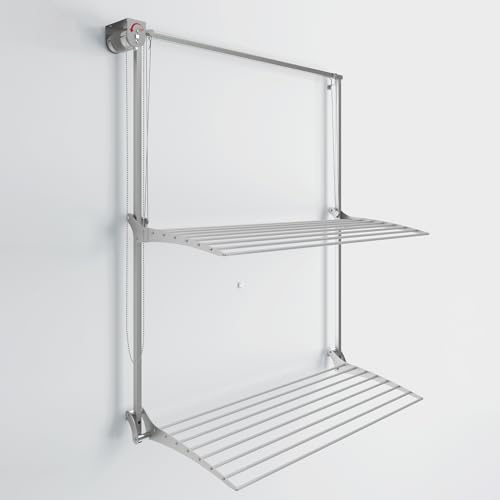 Foxydry Wall, wandwäscheständer mit Lift, klappbar, 128 cm | aus Aluminium und Edelstahl, rostfrei, 2 Gitter, vertikaler Wandwäscheständer, innen oder außen, trägt 20 kg, grau