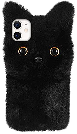 Mikikit Fluffy Cat Phone Case Compatible for Iphone 11 Plush Soft Phone Cover with Shockproof Anti-Drop Protection Precise Cutouts for Camera Speaker and Ports Cute Cartoon Style