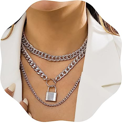 Jumwrit Chunky Chain Necklace Punk Layered Choker Necklaces Cuban Link Chain Necklace with Lock Pendant Necklace Statement Necklace for Women（Silver）