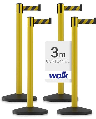 wolk Gurtpfosten 4er Set Gelb 3 m, Absperrpfosten Personenleitsystem | 4 Metall Absperrständer mit 3 m schwarz-gelbem Gurtband für Sicherheitsbereiche, Baustellen und Personenführung
