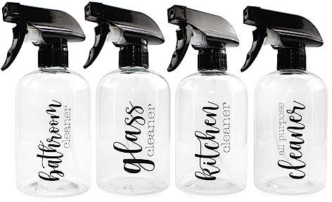 Cornucopia Brands Plastic Cleaning Spray Bottles with Labels (Set of 4) 16oz Refillable Trigger Sprayers w/ 3 Settings and Farmhouse Script Labels