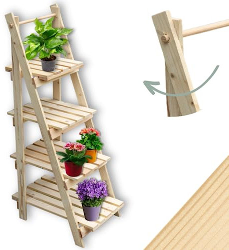 holz4home® Pflanzleiter mit 4 Ablagen I Größe: 52,5 x 109 x 35 cm I Blumentreppe aus Tannenholz hell I Blumenregal