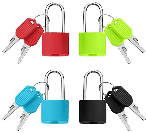 Gepäckschlösser mit langem Griff, Gepäckschlösser mit Schlüssel, Reise-Vorhängeschlösser für Gepäck, Tasche, Schule, Fitnessstudio, Schließfächer (schwarz, grün, blau, rot), 4 Stück