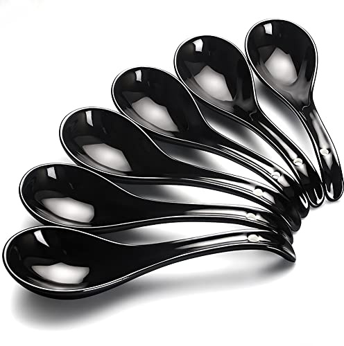 AOOSY Cuillères à soupe asiatiques, set de 6, 6.75-inch cuillères à soupe chinoises en céramique, cuillère japonaise noire pour ramequin de céréales Ramen Pho Wonton Dumpling Miso
