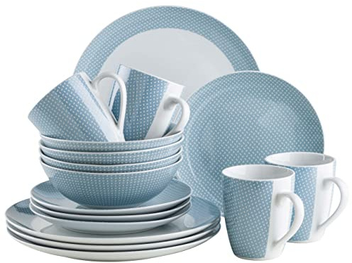 MÄSER Kitchen Time II, Geschirr-Set für 4 Personen, 16-tlg Kombiservice in Pastellfarben mit dezentem Muster, Porzellan, Blau