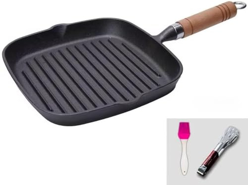 9 Inch Nonstick Grill Pan for Stove Tops, Versatile Uncoated Non-stick Surface Pan, Cast Iron Steak Pot, Indoor & Outdoor Grilling, Free Clips and Oil Brushes