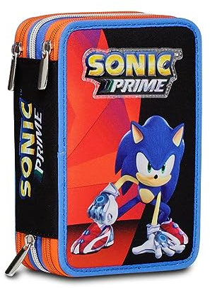 Seven Sonic Federmäppchen, Mehrfarbig, Federtasche für Schreibwaren, Etui komplett mit Bleistiften, Filzstiften, Schulmaterial, mit 3 Fächern, Schule - Grundschule, XXL Fußball rot blau 44 Teil