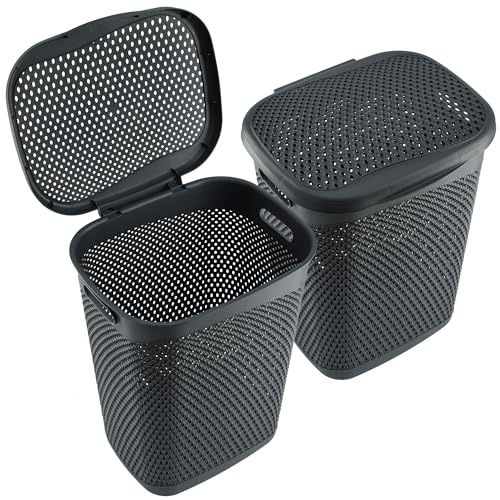 KADAX Plastik Wäschebehälter, Leichter Wäschekorb, Wäschesammler aus Kunststoff, Luftdurchlässige Wäschebox, Wäschetruhe mit Deckel (Grau)