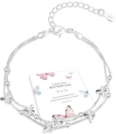 XOEMEL Pulsera de plata 925 para mujer, mariposas, pulsera de oro rosa para mujer con perlas, pulsera ajustable en capas, pulseras de la amistad, regalos para mujeres, 17,7 pulgadas, 1 cm x 1 cm x 1