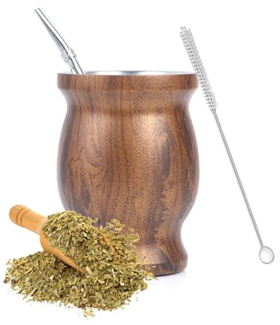 Yitobici Tazza Mate, set di tazze da tè Mate, con cannuccia Mate e spazzola per la pulizia, design isolante a doppia parete, per tè Mate (venatura del legno).