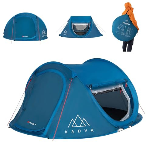 KADVA Campingzelt Tartuga 3 Selbstfaltendes Zelt für 3 Personen 220 x 180 x 105 cm Wasserdicht 1500 mm Mit Moskitonetz Aus 100% Polyester Ideal für Camping und Wandern Farbe Blau