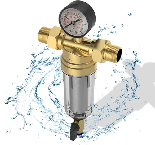 Mechanischer Rückspülfilter,Wasserfilter Wiederverwendbare, Filteroberteil aus Messing,Wasserfilter mit Manometer,Ausspülbarer Feinfilter für Brunnenwasserschlauch Sedimentfilte (1/2)