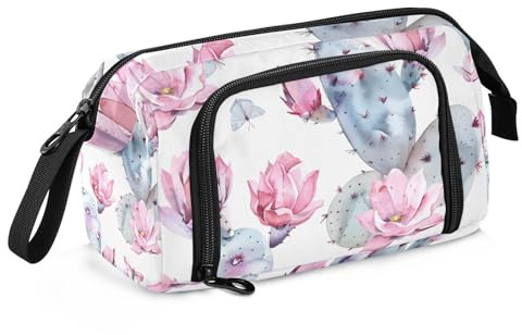 Mnsruu Big Capacity Pencil Case, Pink Opuntia Cactus and Cute Butterfly Pen Bag Pouch Holder Stationery Bag School College Office Organizer for Teen Adults Student