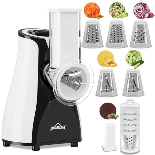 HOMELUX Cortador de verduras eléctrico, rallador de tambor, 5 en 1, cortador de verduras, rallador de queso, rallador de verduras con 5 hojas de tambor, rallador multifunción, color negro