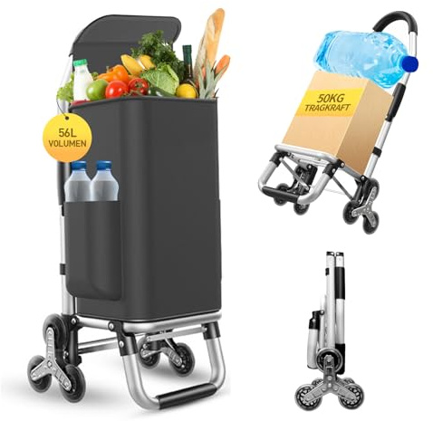 Einkaufstrolley Klappbar mit 56L Kapazität und Belastbar bis 50kg, 2 in 1 Multifunktions Mutige Aluminium Einkaufstrolley Treppensteiger, Abnehmbare Tasche mit 6 Edelstahlrädern, Wasserdicht