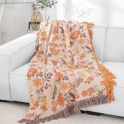 Wotcsil Tagesdecke Boho Baumwolle Kuscheldecke Wohndecke mit Blumenmuster | Sofadecke Bettüberwurf Leichter Sofaüberwurf mit Quasten für Bett Couch, Gelb Orange, 200x230cm