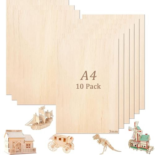 Tiusixsy 10 Pezzi Fogli di Legno di Balsa, 300 × 220 × 3mm Compensato, Fogli di Legno Sottili,Compensato Basswood, per Modellare, Artigianato, Pirografia