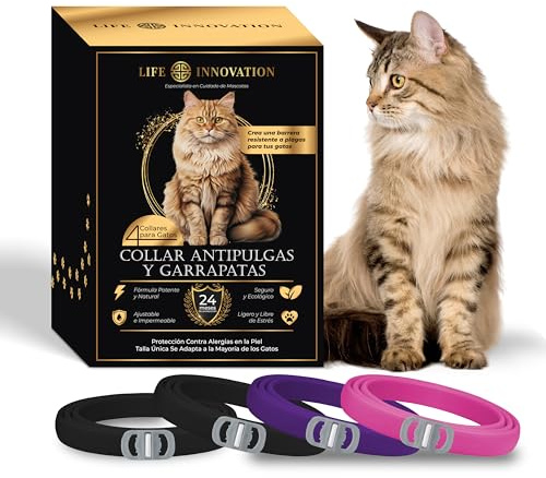 Pack de 4 Collares Antiparasitarios para Gatos, 24 Meses de Protección contra Pulgas, Garrapatas y Mosquitos – 100 % Natural, Impermeable, Ajustable, para Todos los Tamaños.
