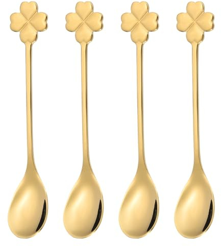 PATIKIL 4pcs Coffee Spoons, Four Leaf Grass Tea Spoons 304 Stainless Steel Teaspoons Small Cute for Stirring Espresso Coffee Bar Tableware Dessert Flatware Tea Party, Gold