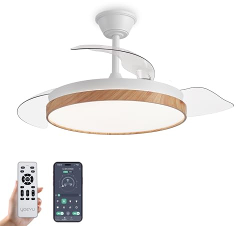 YOEVU EOS NATURE - Ventilador de Techo, Mando + APP Móvil | Luz LED Regulable | 72W | Control a distancia | Aspas retráctiles | Difusor Estilo Madera