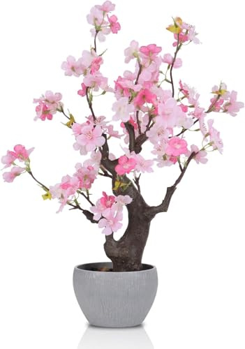 HPNIUB Artificial Pink Cherry Blossom Potted Plant Stone Pot Desk Decor