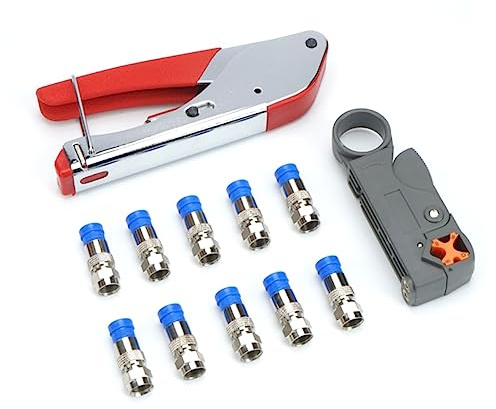 NUOBESTY 10 piezas Kit de Herramienta Prensa Cables Coaxiales con Pelacables Ajustable y Conectores Compresión para Instalación Tv Satélite Cctv
