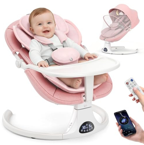 Electric Baby Swing with Tray, Baby Bouncer with Remote Control, 5 Swing Speeds & 3-Stage Timers, 12 Music Built-in，Bluetooth Music & USB, 3-Position Adjustable Backrest, 3 Power Supply Modes-Pink