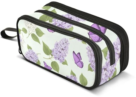 Lilac White Flowers Butterflies Pencil Case Zipper Pencils Pouch Storage Pencil Bags Boys Pen Bags Teen Girls Teacher Back to School Office Supply Adults 8.86x3.54x4.33in