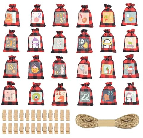 Jutebeutel für Weihnachten, 24 Tage Countdown-Kalender, Aufbewahrungstasche, Geschenktüten für Weihnachten, für Schokolade, Nüsse, Gummis, kleine Spielzeug, Lutscher, Knallbonbons, Obstarmbänder